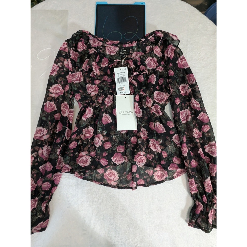 Oak & Trellis Blouse Womens XL Black Floral New Peplum Long Sleeve Sheer Flirty